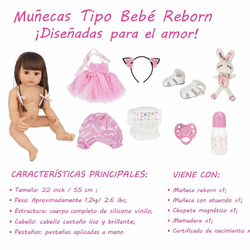 MUÑECA REBORN REALISTA 55CM DE SILICONA  CON ACCESORIOS - 4