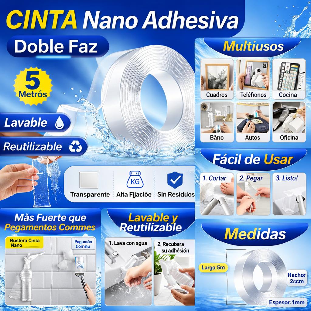 CINTA NANO ADHESIVA DOBLE CARA LAVABLE REUTILIZABLE 5M - 7