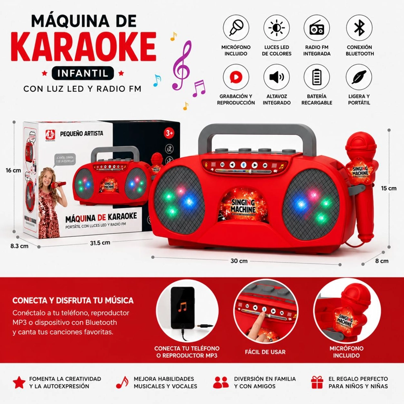 MICROFONO KARAOKE NIÑOS LUZ LED PARLANTE BLUETOOTH - 8
