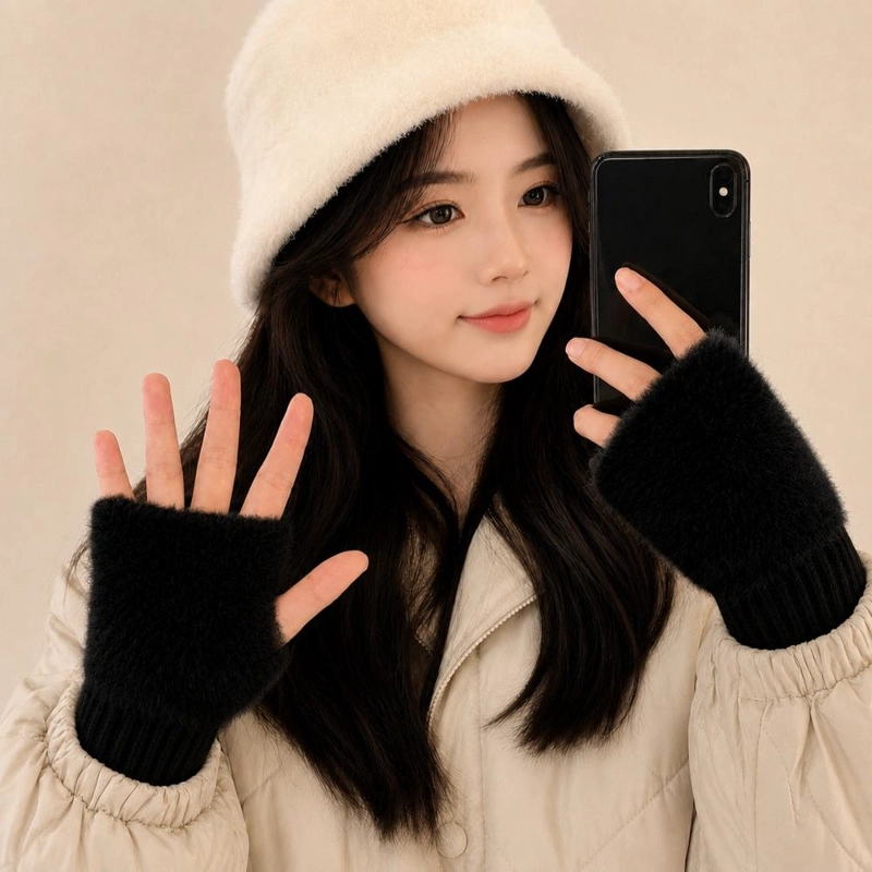GUANTES SUAVES  DE INVIERNO SIN DEDOS MEDIO DEDO ESPONJOSO - NEGRO - 1