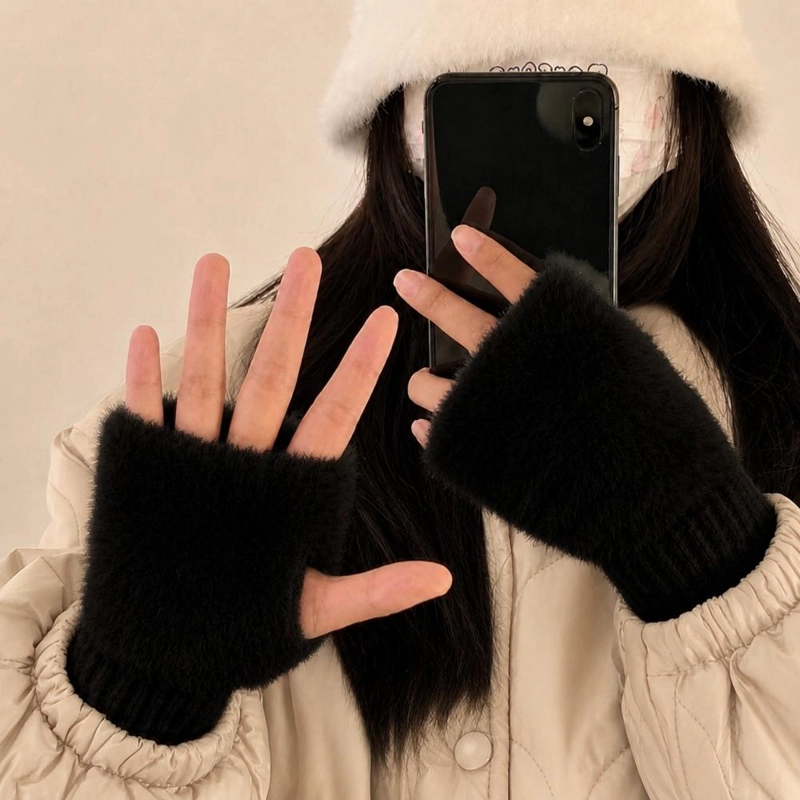 GUANTES SUAVES  DE INVIERNO SIN DEDOS MEDIO DEDO ESPONJOSO - NEGRO - 2