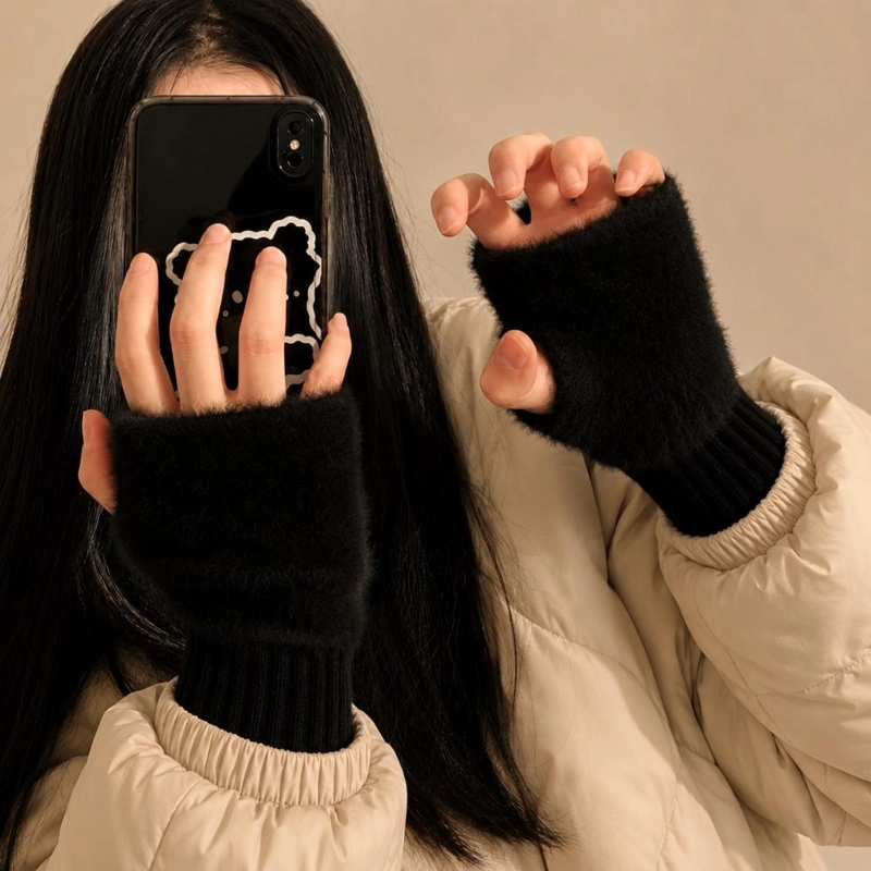 GUANTES SUAVES  DE INVIERNO SIN DEDOS MEDIO DEDO ESPONJOSO - NEGRO - 5