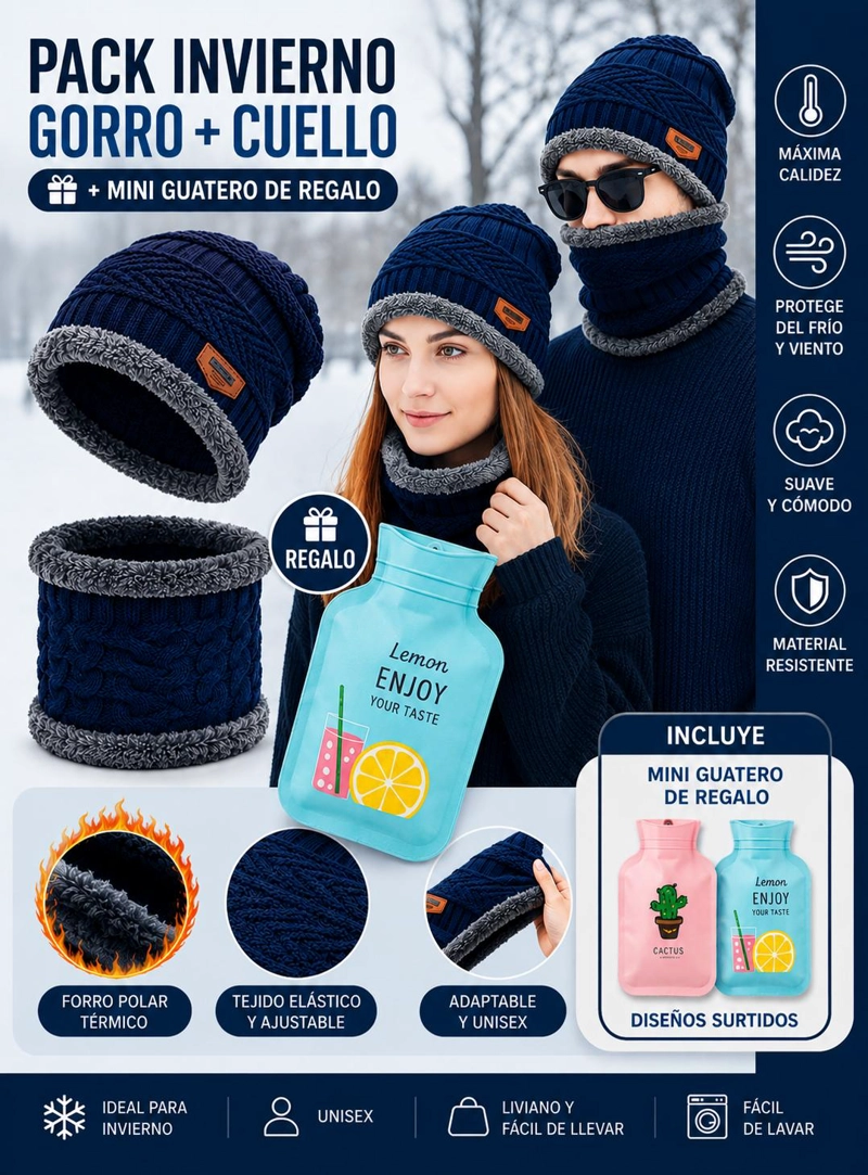 PACK GORRO Y CUELLO POLAR + GUATERO INVIERNO UNISEX - NEGRO - 1
