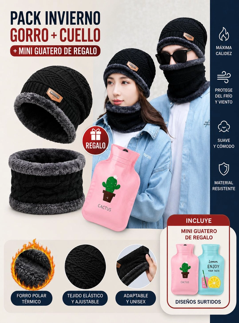 PACK GORRO Y CUELLO POLAR + GUATERO INVIERNO UNISEX - NEGRO - 1