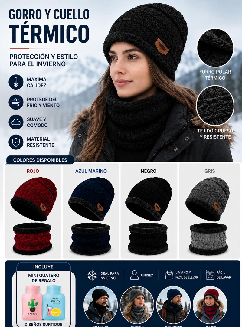 PACK GORRO Y CUELLO POLAR + GUATERO INVIERNO UNISEX - NEGRO - 2