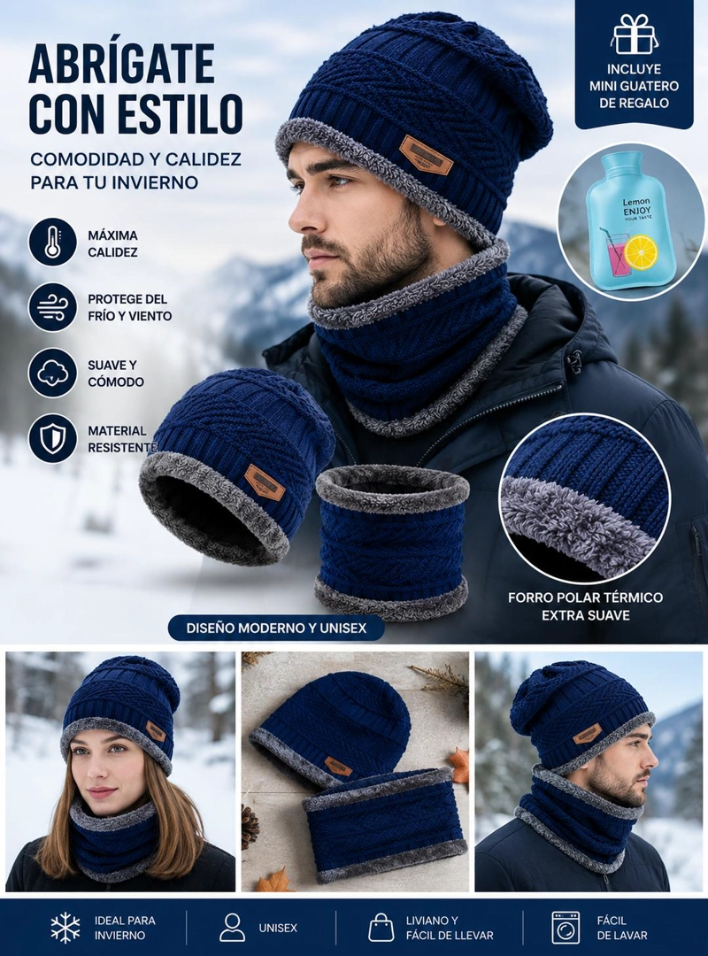 PACK GORRO Y CUELLO POLAR + GUATERO INVIERNO UNISEX - NEGRO - 5
