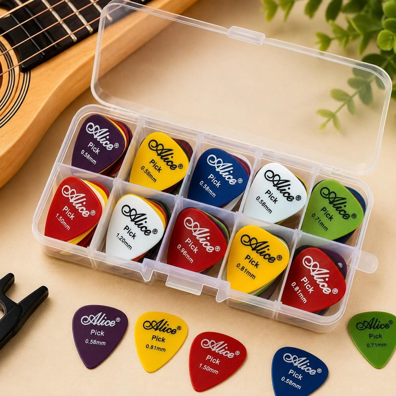 SET 50 UÑETAS GUITARRA  MULTICOLOR CON ORGANIZADOR  PLASTICO - 1
