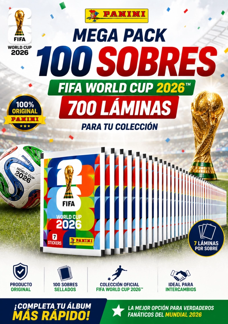 PACK 100 SOBRES OFICIALES PANINI MUNDIAL 2026 700 LAMINAS - 6