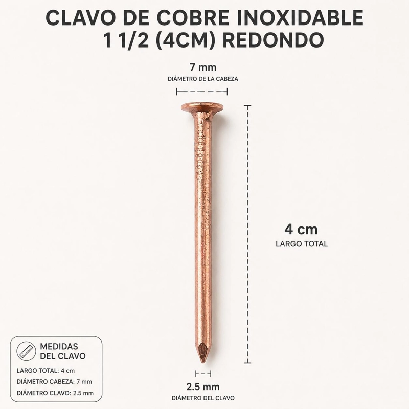 CLAVO DE COBRE INOXIDABLE 1 1/2 (4CM) DISEÑO REDONDO 100UN - 2