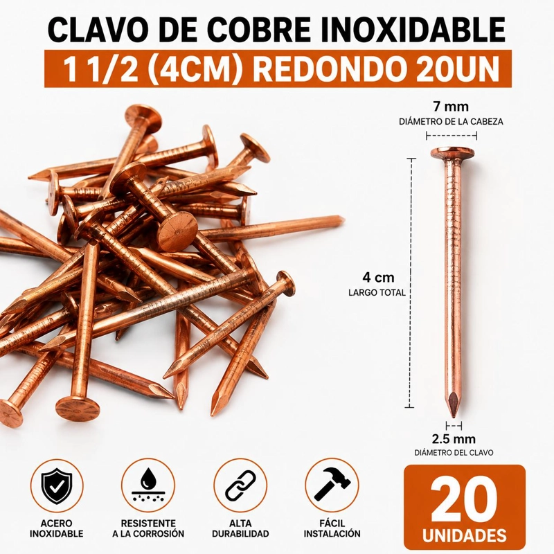 CLAVO DE COBRE INOXIDABLE 1 1/2 (4CM) REDONDO 20UN - 1