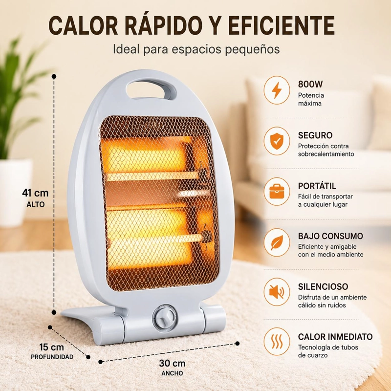 CALEFACTOR ELE CTRICO HALOGENO PORTATIL ESTUFA 800W REJILLA - 1