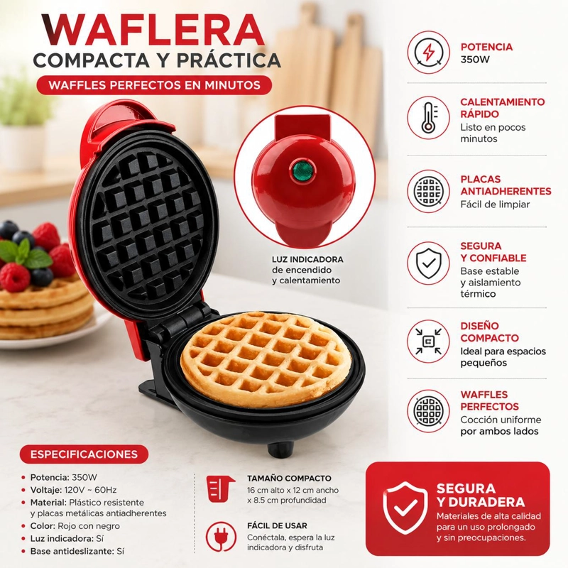 WAFLERA ELE CTRICA COMPACTA 350W ANTIADHERENTE CON LUZ COCINA - 2
