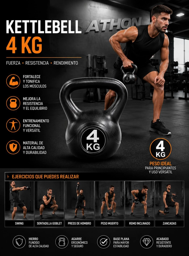 PESA RUSA KETTLEBELL 4KG ENTRENAMIENTOCROSSFIT FITNESS NEGRO - 8