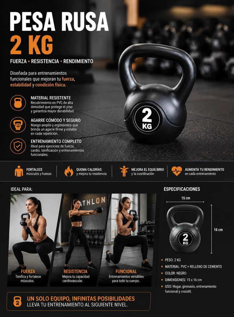 PESA RUSA KETTLEBELL 2KG ENTRENAMIENTO CROSSFIT FITNESS  NEGRO - 7