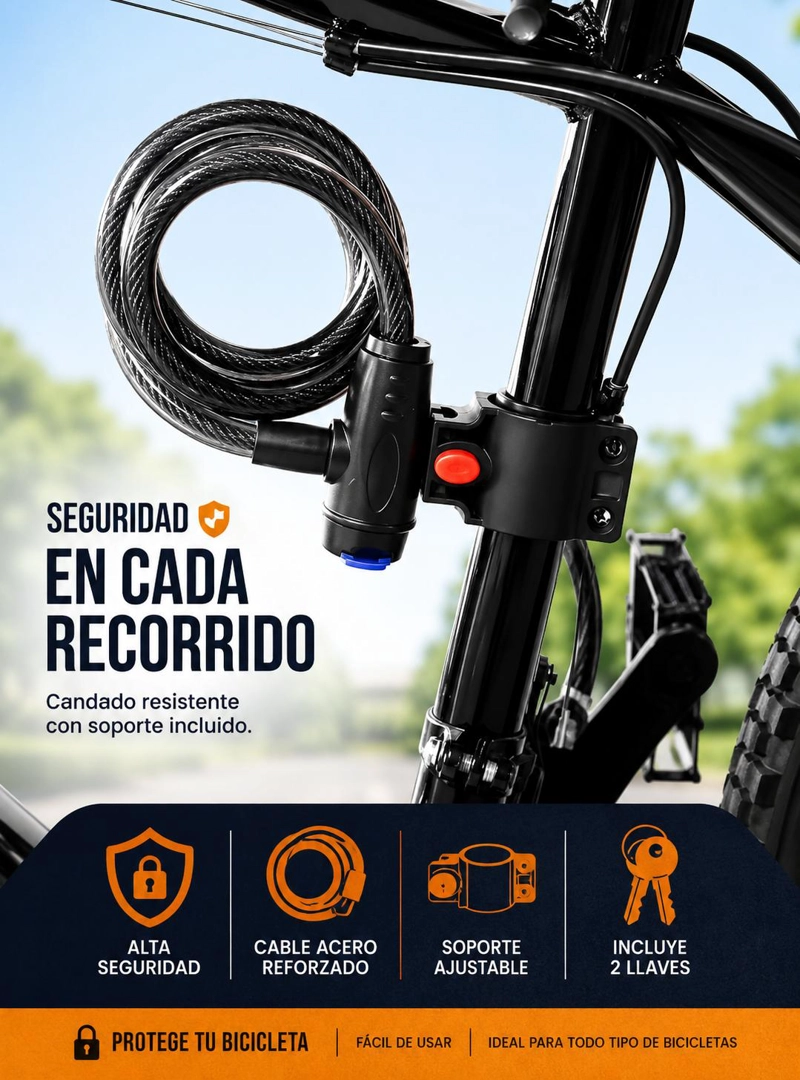 CANDADO PARA BICICLETA PIOLA Y MANGUERA CON SOPORTE 2 LLAVES - 3