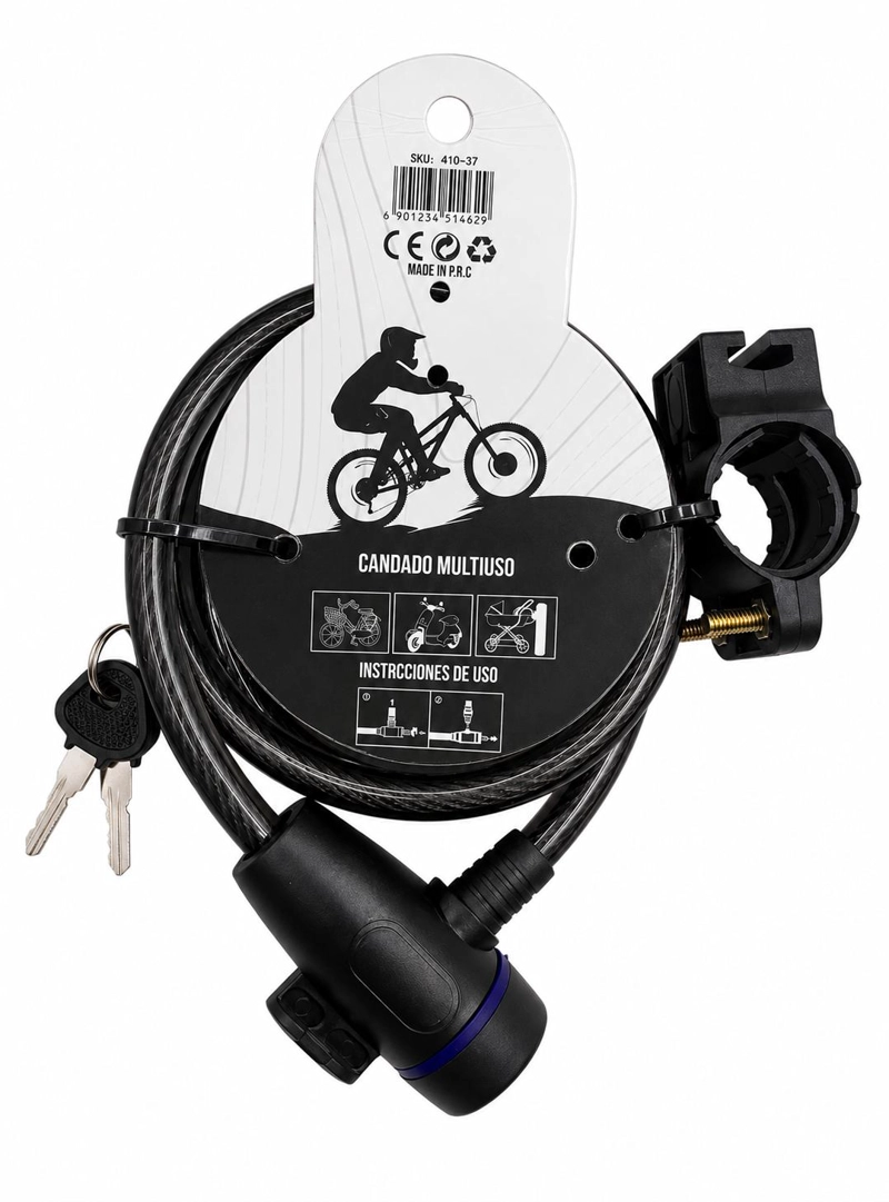 CANDADO PARA BICICLETA PIOLA Y MANGUERA CON SOPORTE 2 LLAVES - 6