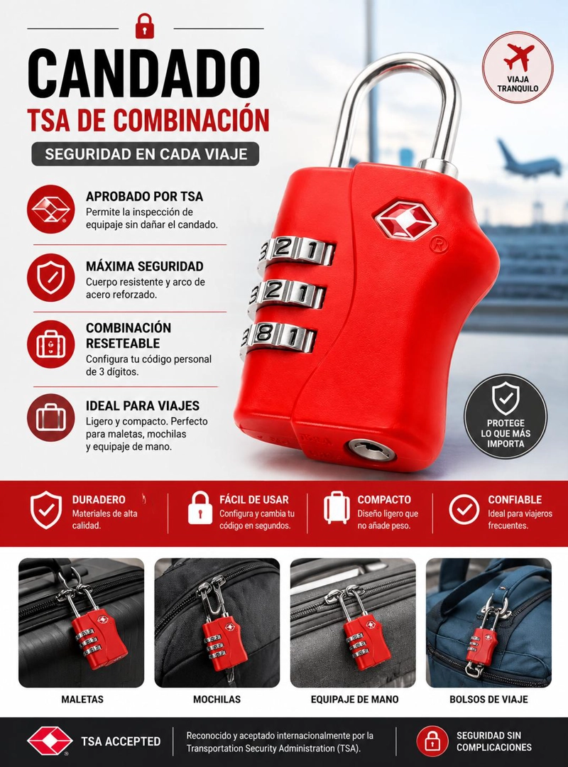 CANDADO TSA 33MM SEGURIDAD MALETA LOCKER  LLAVE Y CLAVE ROJO - 5