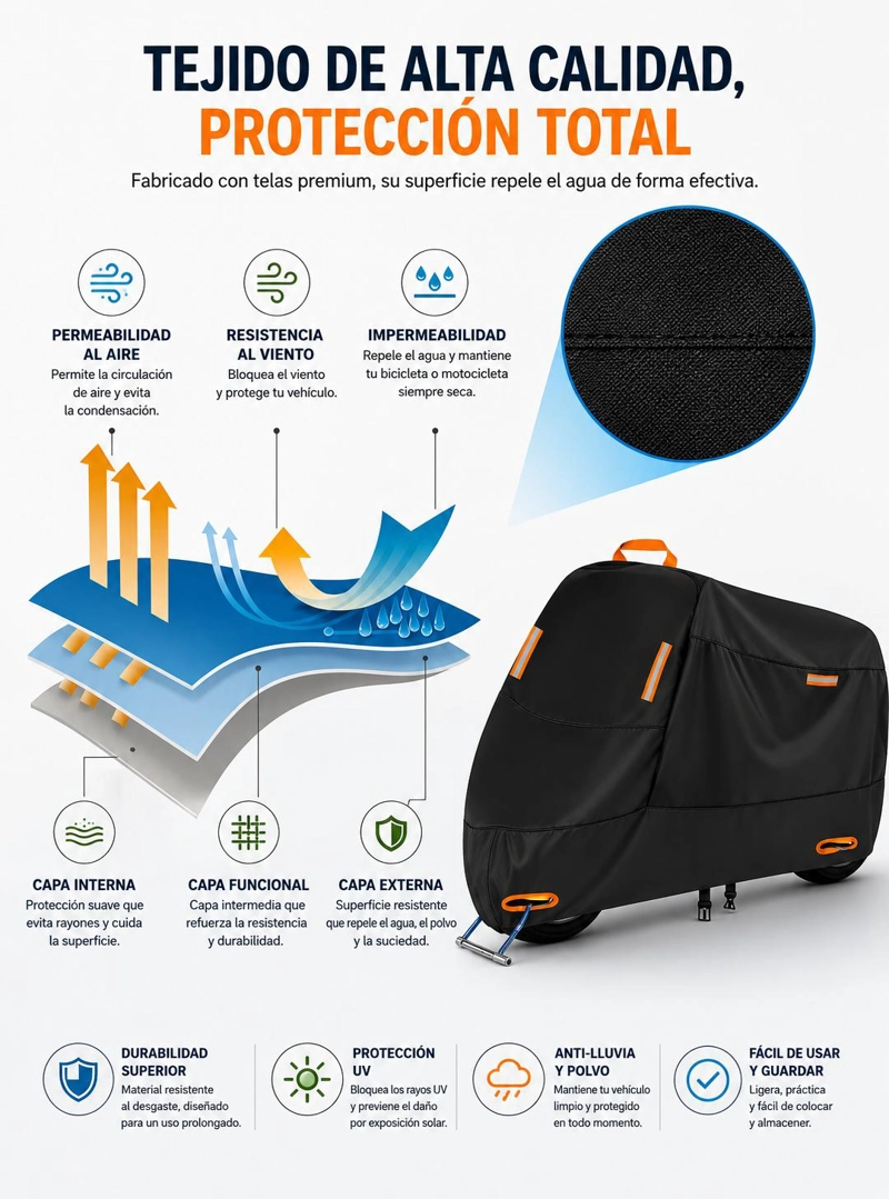 FUNDA IMPERMEABLE 100% PROTECTOR CUBRE MOTOS BICICLETAS XXL - 6
