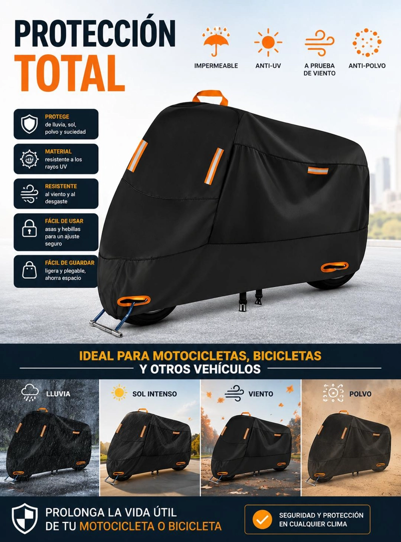 FUNDA IMPERMEABLE 100% PROTECTOR CUBRE MOTOS BICICLETAS XXL - 7