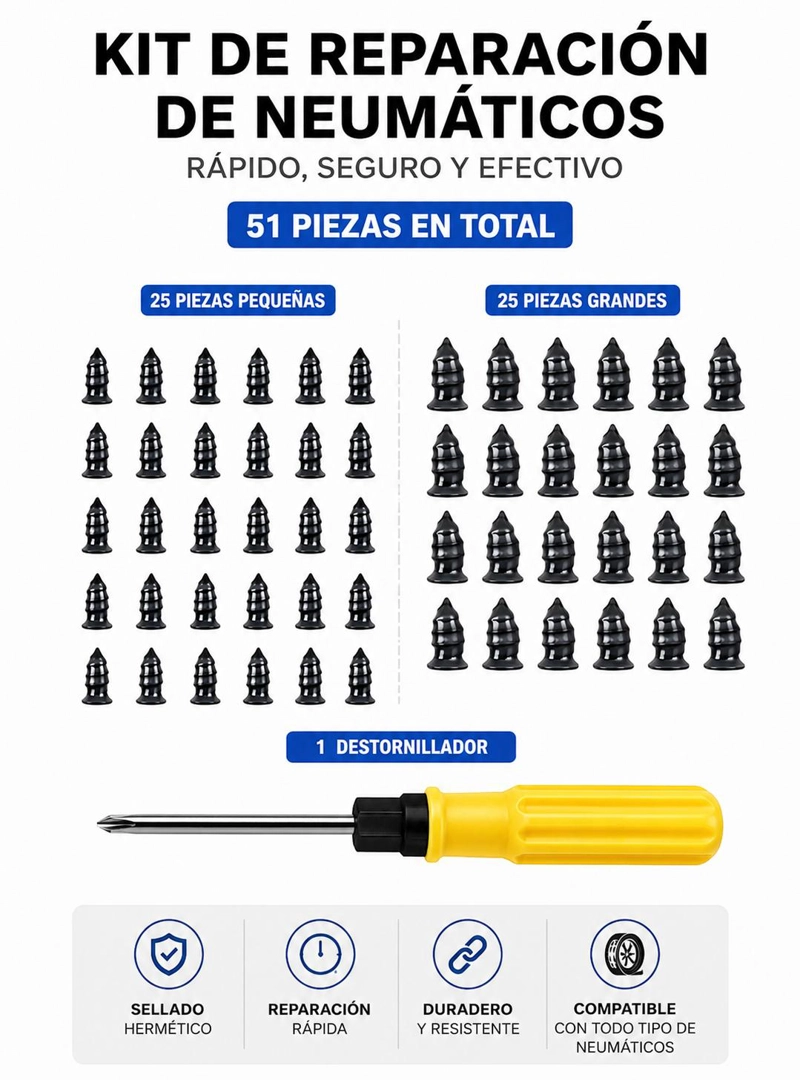 KIT PARA REPARAR NEUMATICO 51 PIEZAS PARCHE PINCHAZO MOTO - 3