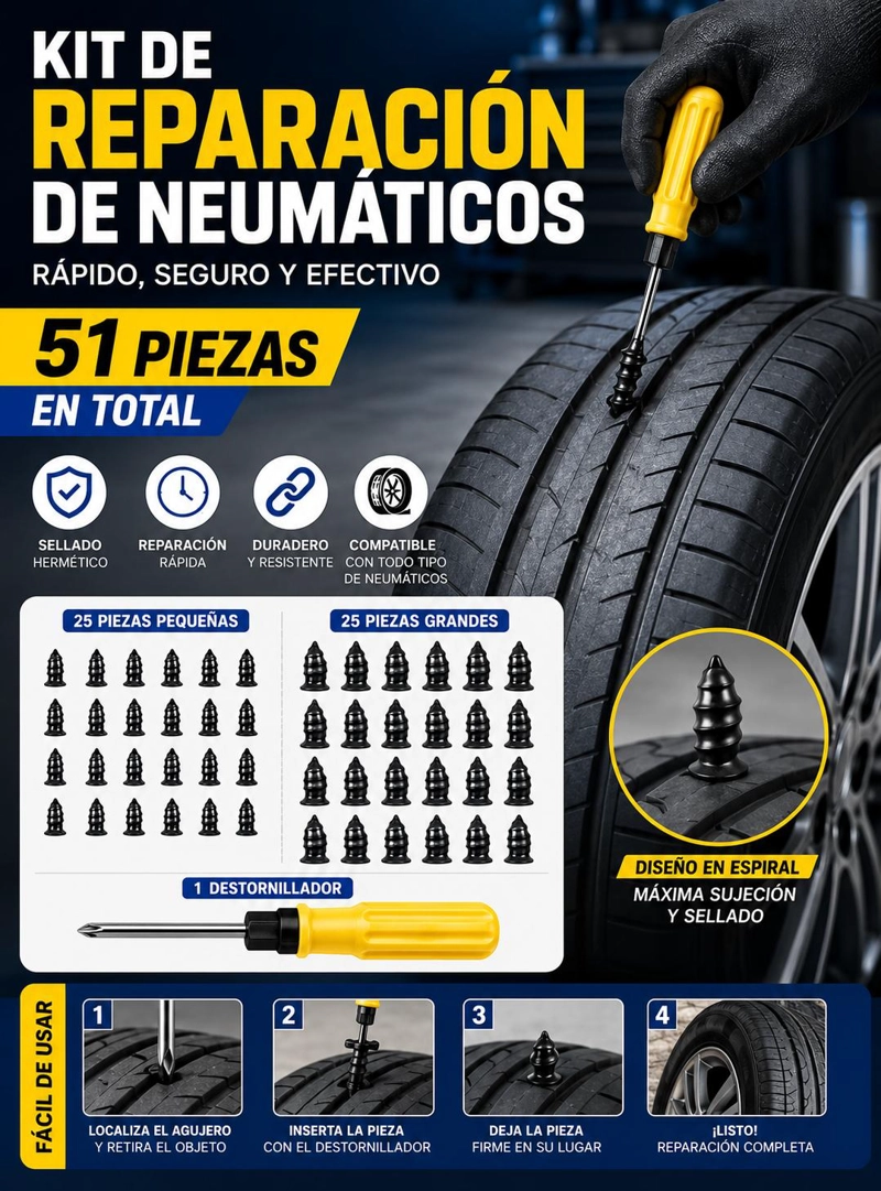 KIT PARA REPARAR NEUMATICO 51 PIEZAS PARCHE PINCHAZO MOTO - 7