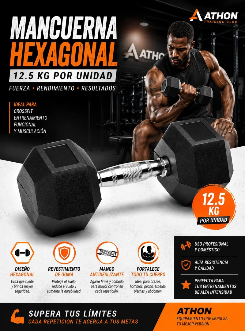 MANCUERNA HEXAGONAL 12.5 KG POR UNIDAD - FITNESS CROSSFIT - 6