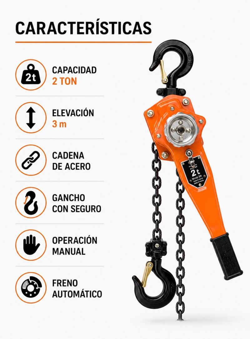 TECLE POLIPASTO MANUAL CON CADENA, 2 TONELADAS X3 METROS - 9