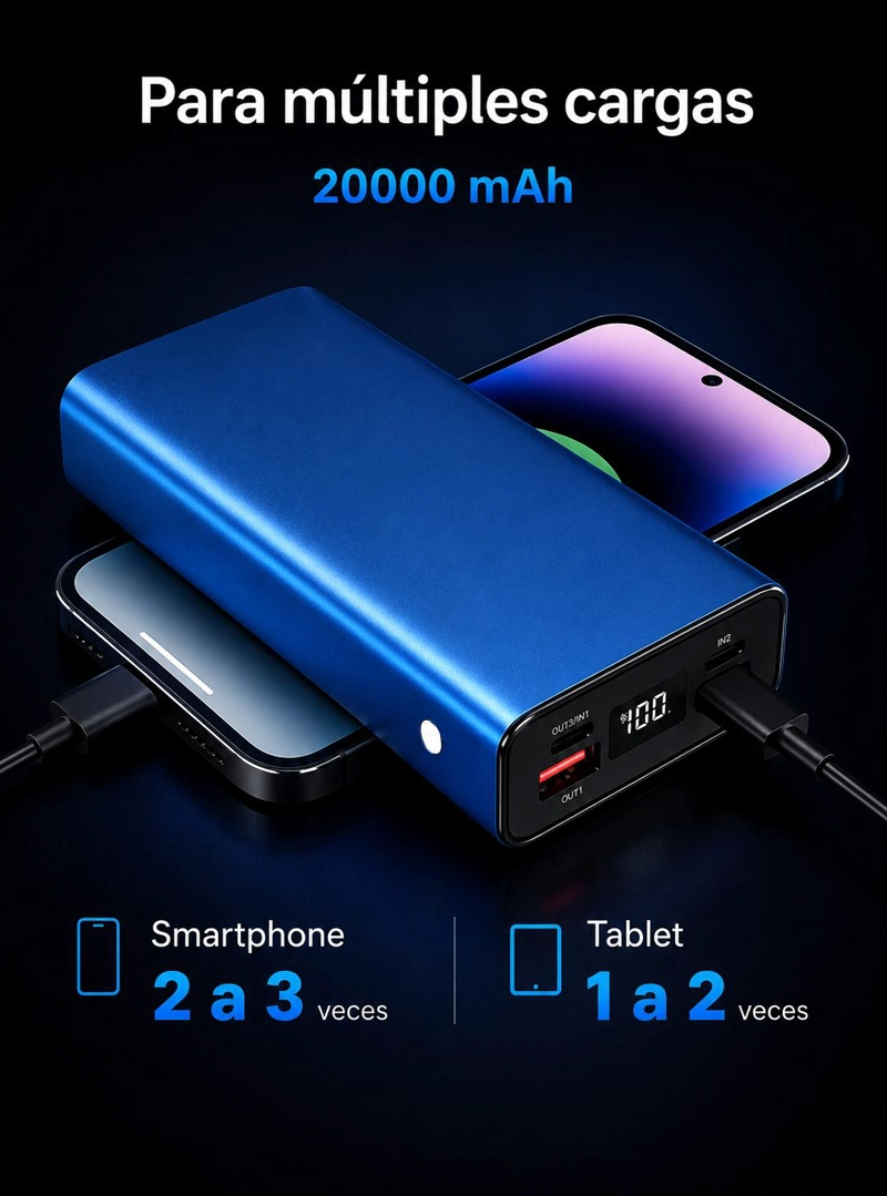 BATERIA EXTERNA POWER BANK 20000MAH CARGA RAPIDA PORTATIL - 5