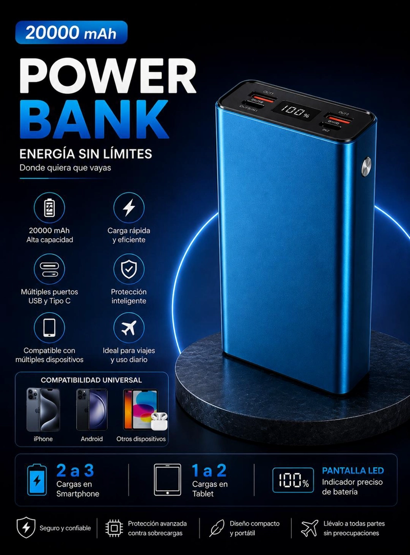 BATERIA EXTERNA POWER BANK 20000MAH CARGA RAPIDA PORTATIL - 9