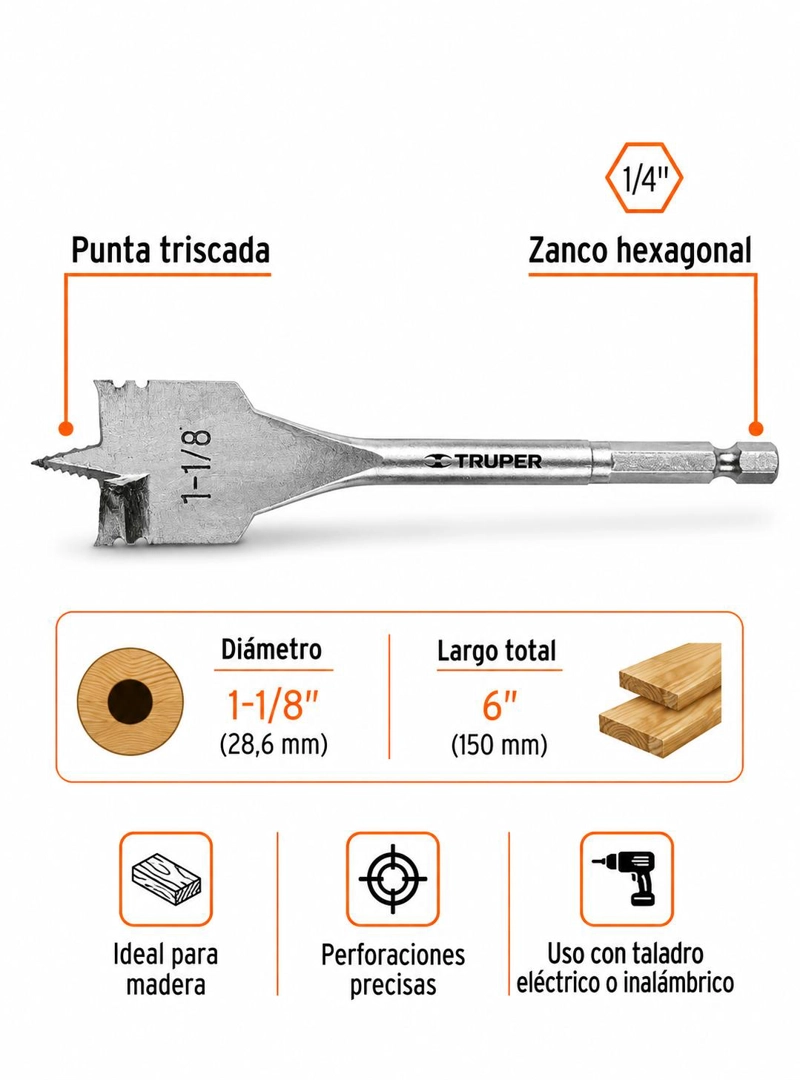 BROCA PLANA PARA MADERA 1-1/8 PULG TRUPER ALTA PRECISION - 6