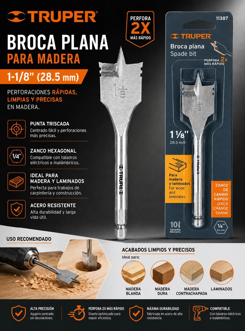 BROCA PLANA PARA MADERA 1-1/8 PULG TRUPER ALTA PRECISION - 7