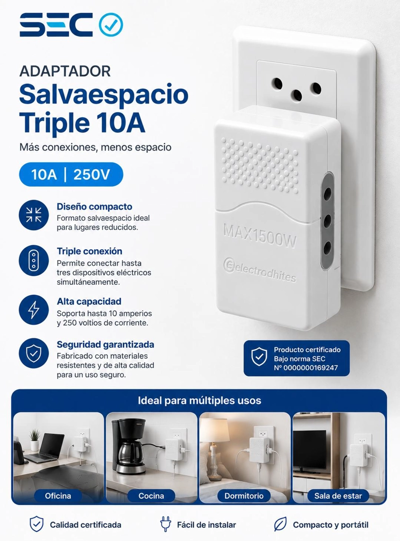 ADAPTADOR TRIPLE SALVAESPACIO 10A BLANCO HALUX. - 6