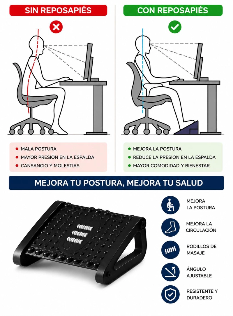 REPOSAPIE S ERGONOMICO AJUSTABLE CON RODILLOS DE MASAJE - 8