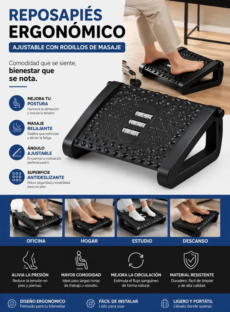 REPOSAPIE S ERGONOMICO AJUSTABLE CON RODILLOS DE MASAJE - 9