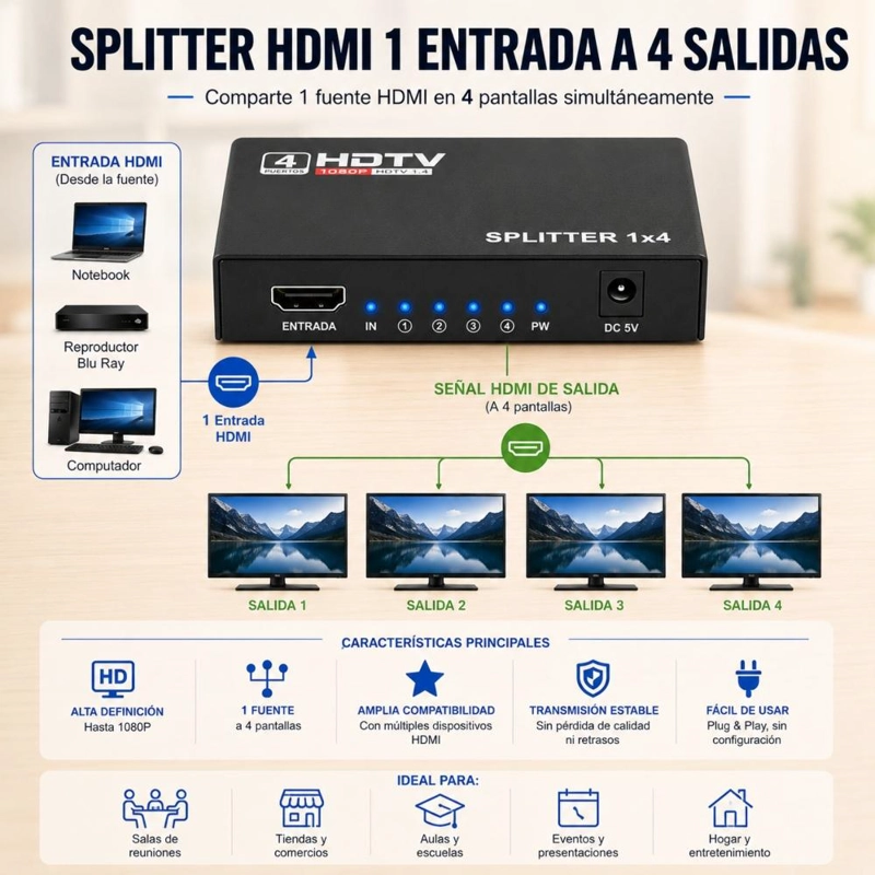 SPLITTER HDMI 1 A 4 PANTALLAS FULL HD 1080P 60HZ - 4