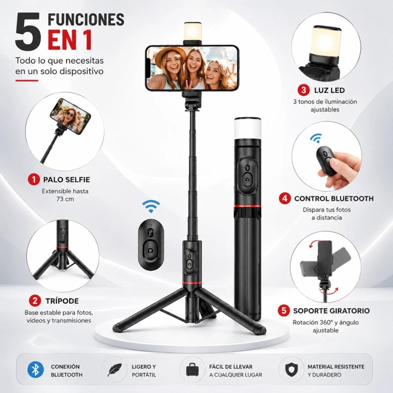 PALO SELFIE TRIPODE BLUETOOTH CONTROL REMOTO LUZ LED - 2