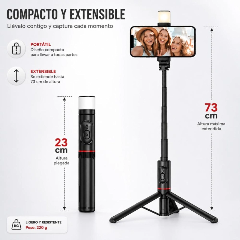 PALO SELFIE TRIPODE BLUETOOTH CONTROL REMOTO LUZ LED - 3