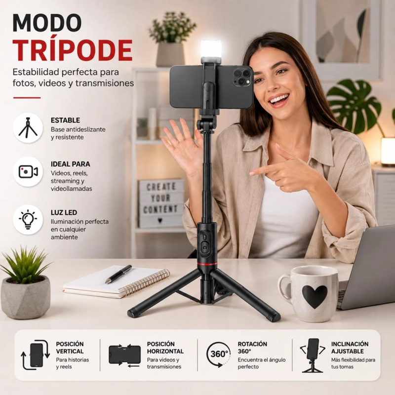 PALO SELFIE TRIPODE BLUETOOTH CONTROL REMOTO LUZ LED - 6