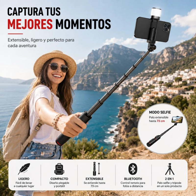 PALO SELFIE TRIPODE BLUETOOTH CONTROL REMOTO LUZ LED - 7