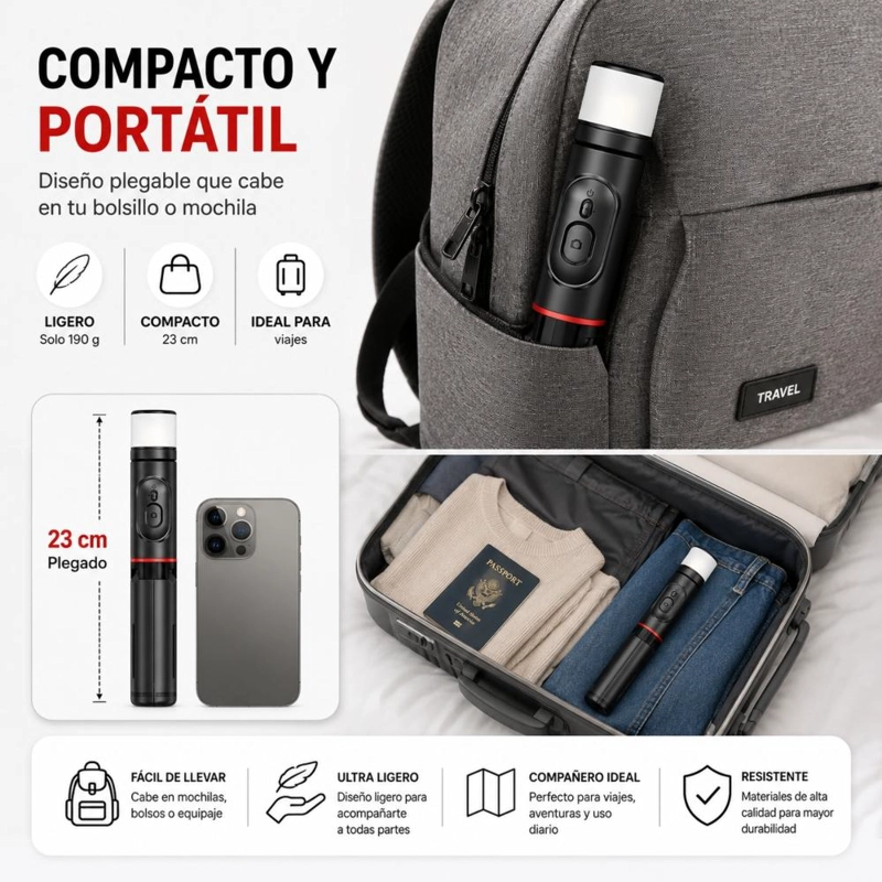 PALO SELFIE TRIPODE BLUETOOTH CONTROL REMOTO LUZ LED - 9