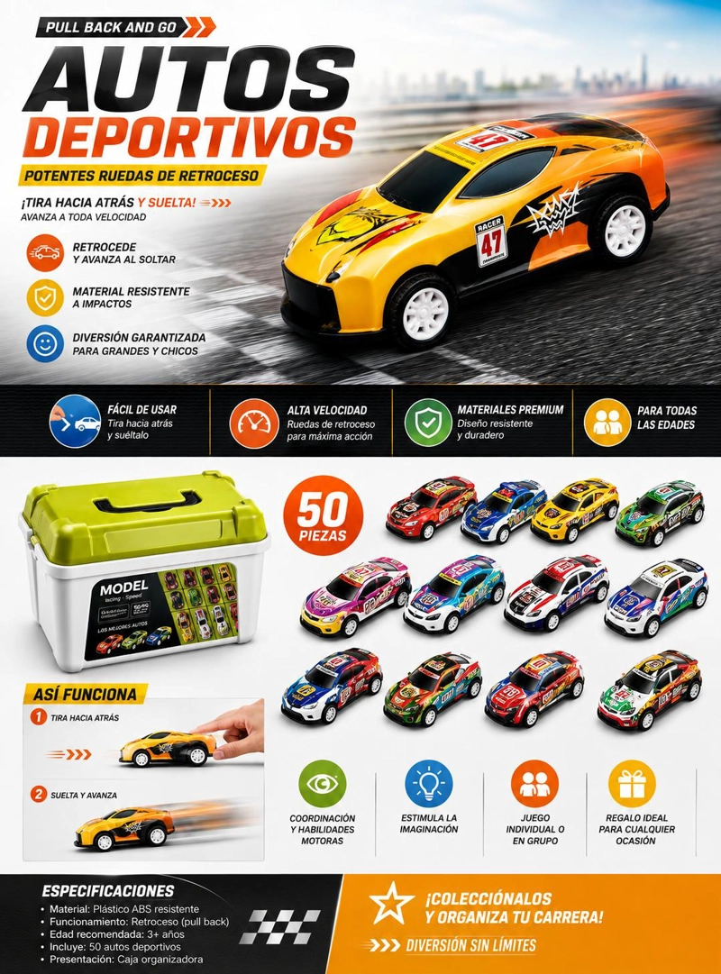 SET 50 AUTOS JUGUETE RETRACTILES ALEACION MODELOS SURTIDOS - 7