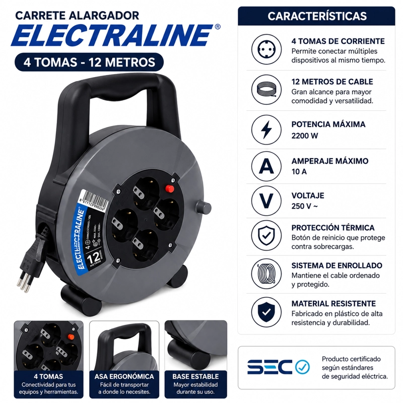 Carrete Alargador  Electraline 4 Tomas 12m 2200W Negro - 1