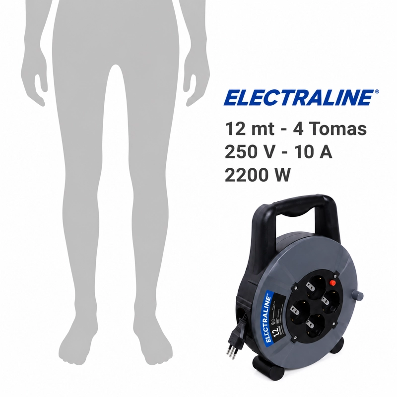 Carrete Alargador  Electraline 4 Tomas 12m 2200W Negro - 2