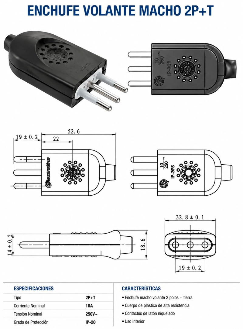 PACK 5 ENCHUFE MACHO VOLANTE 2P+T 10A 250V CERTIFICADO - 3
