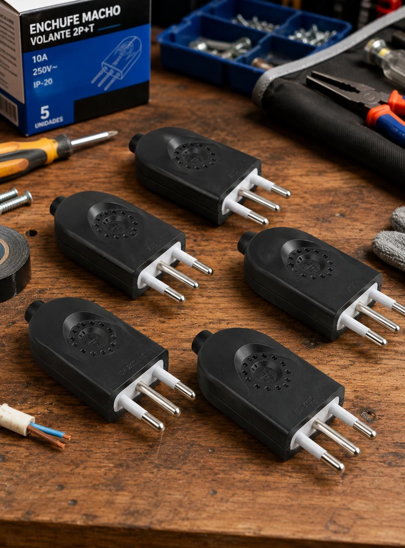 PACK 5 ENCHUFE MACHO VOLANTE 2P+T 10A 250V CERTIFICADO - 5