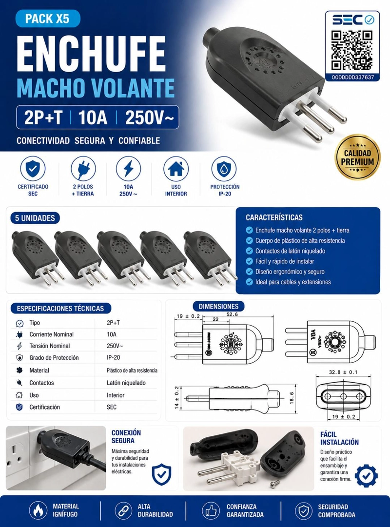 PACK 5 ENCHUFE MACHO VOLANTE 2P+T 10A 250V CERTIFICADO - 7