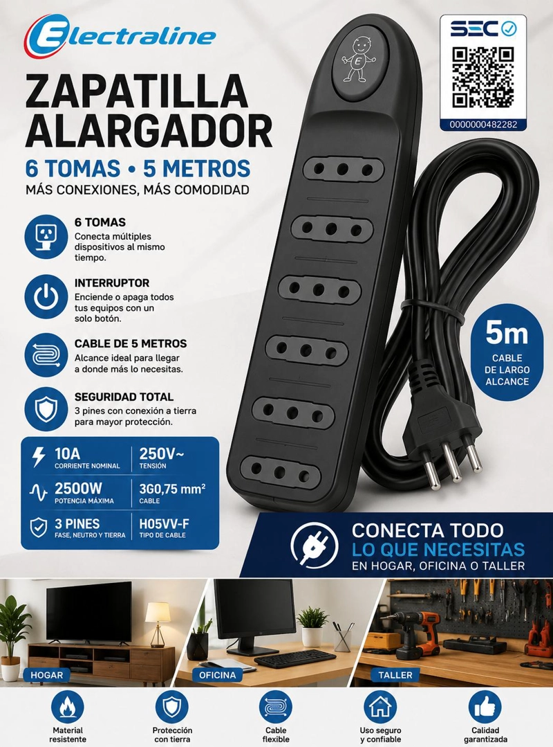 ZAPATILLA ALARGADOR ELECTRALINE 6 TOMAS SWITCH 5 METROS - 8