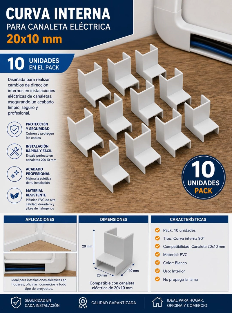 PACK 10 CURVAS INTERNAS PARA CANALETA ELE CTRICA 20X10MM - 6