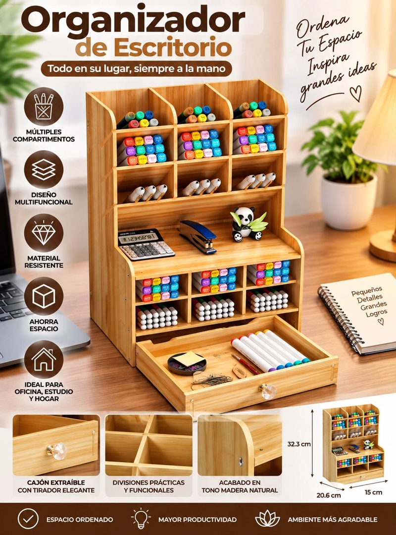 ORGANIZADOR ESCRITORIO CON CAJON Y COMPARTIMENTOS OFICINA - 8