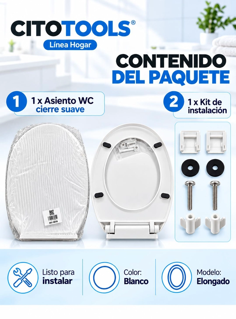ASIENTO WC CIERRE SUAVE ELONGADO CITOTOOLS – BLANCO - 2